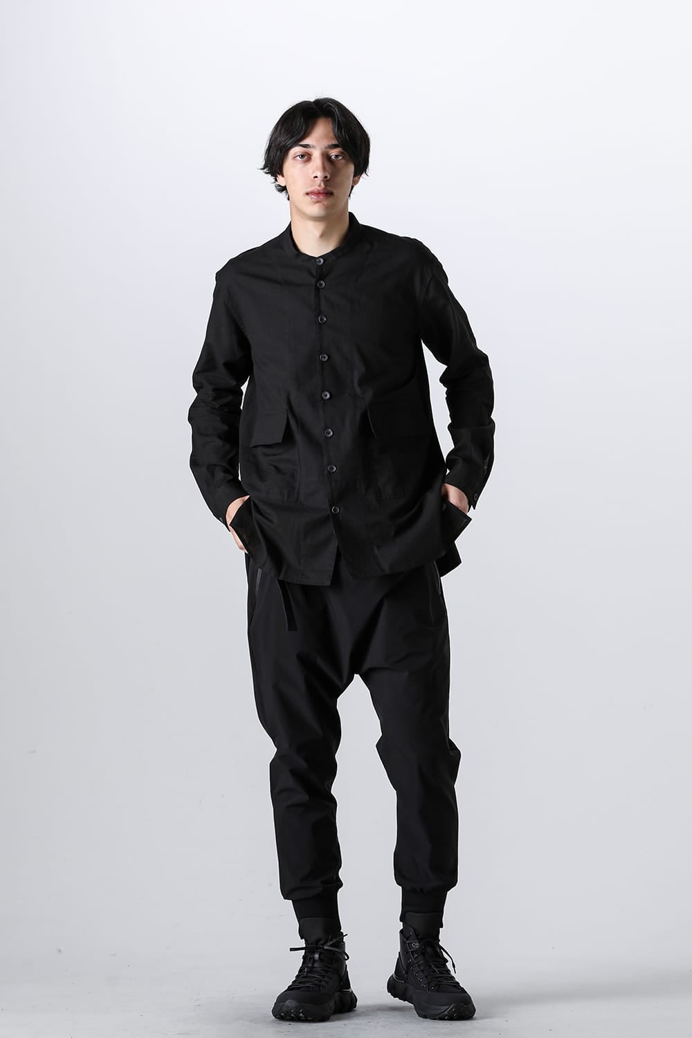 Cotton/Linen Band Collar Shirt  Black