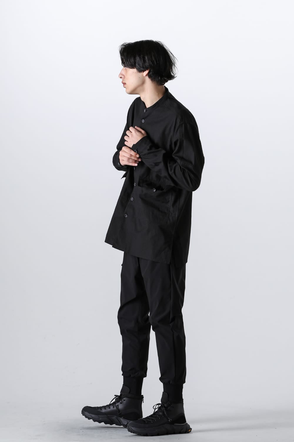 Cotton/Linen Band Collar Shirt  Black