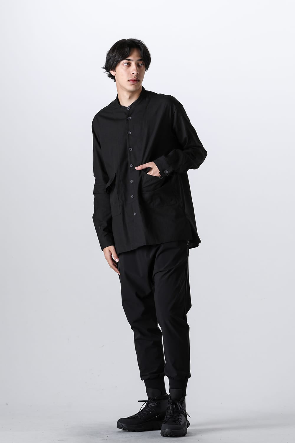 Cotton/Linen Band Collar Shirt  Black