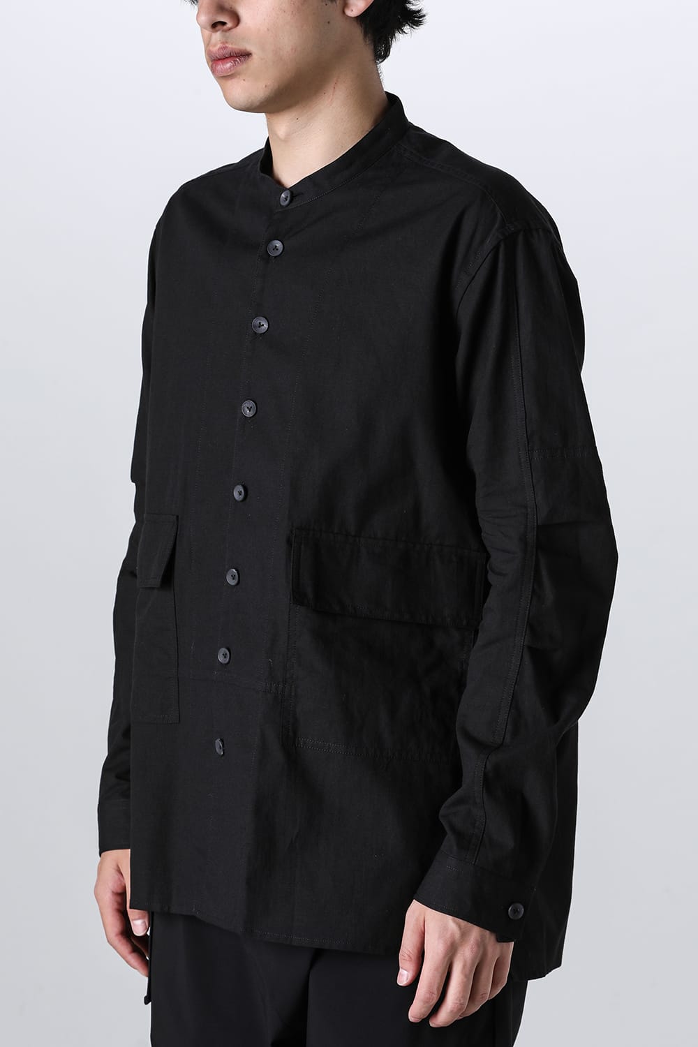 Cotton/Linen Band Collar Shirt  Black