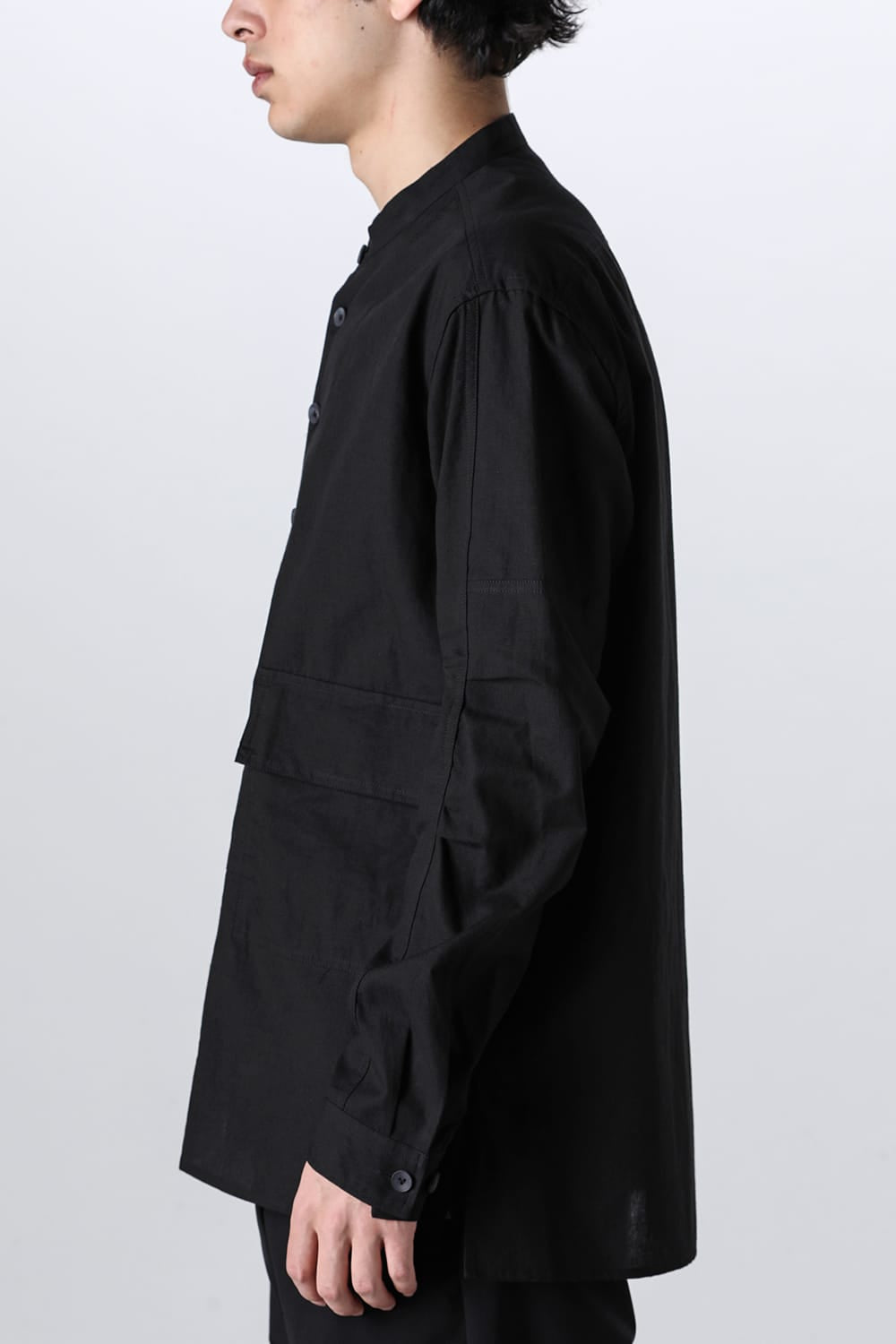 Cotton/Linen Band Collar Shirt  Black