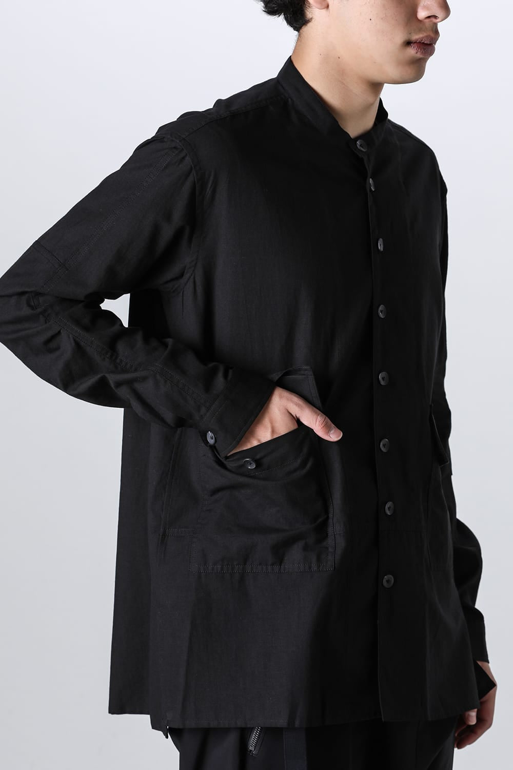 Cotton/Linen Band Collar Shirt  Black