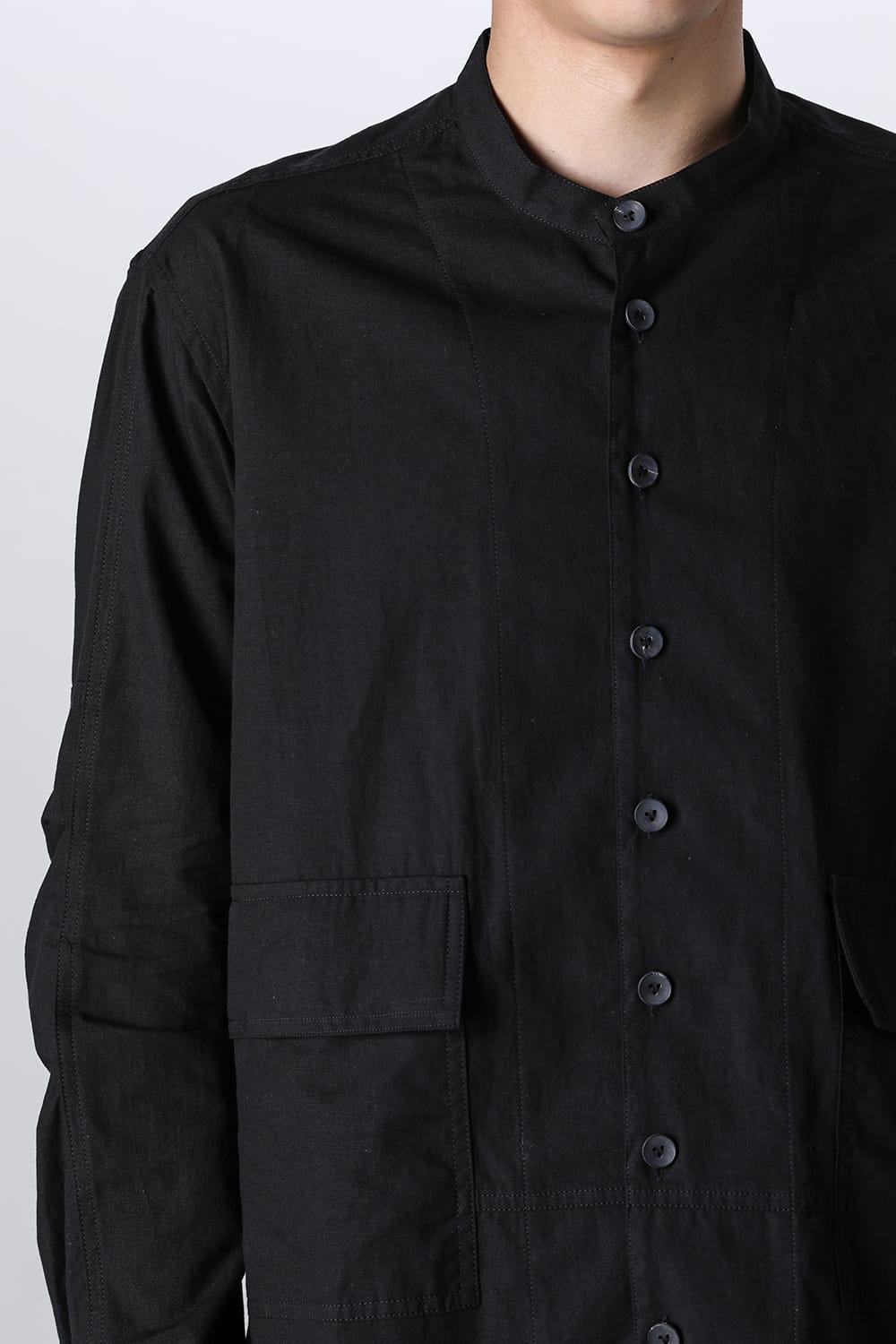 Cotton/Linen Band Collar Shirt  Black