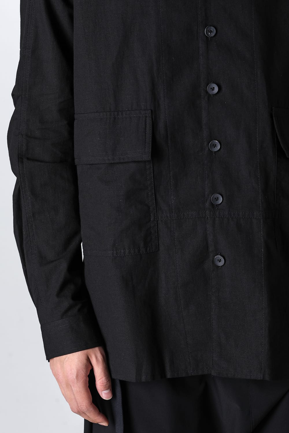 Cotton/Linen Band Collar Shirt  Black