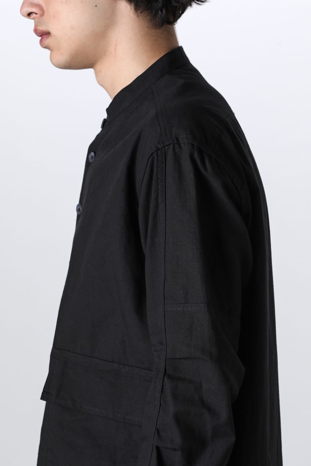 Cotton/Linen Band Collar Shirt  Black