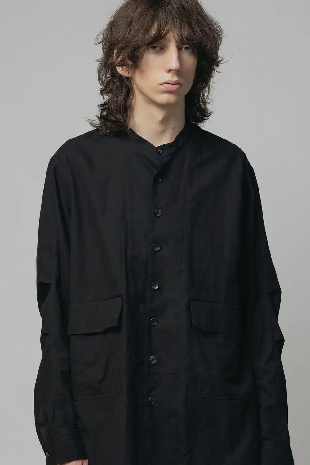 Cotton/Linen Band Collar Shirt  Black