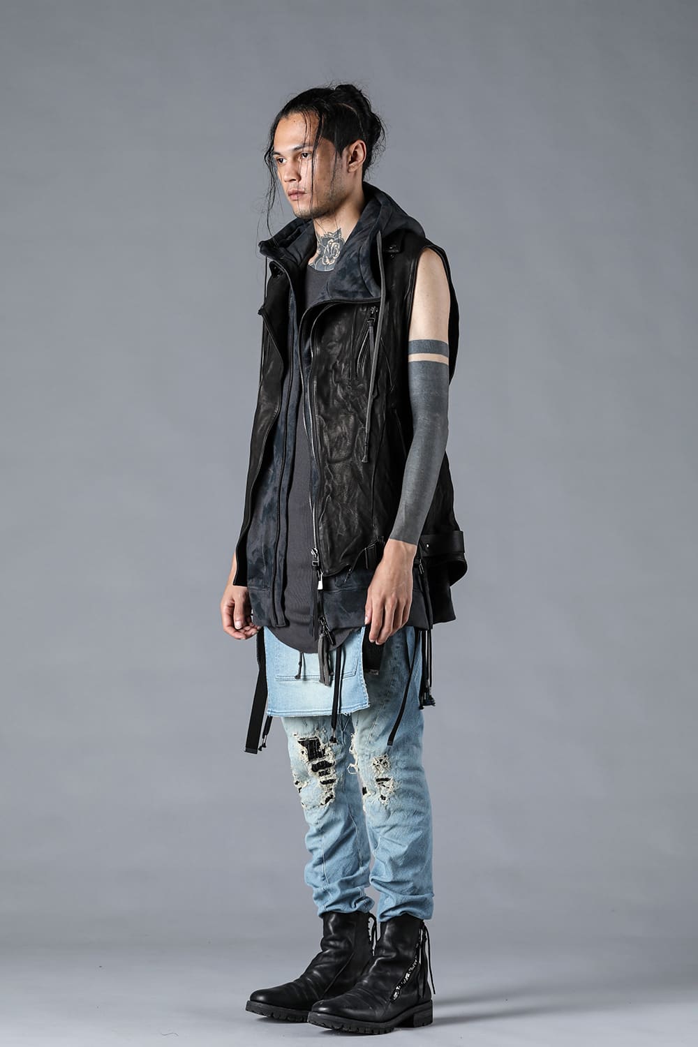 Bum Flap Distressed Denim Drop Crotch Slim Pants