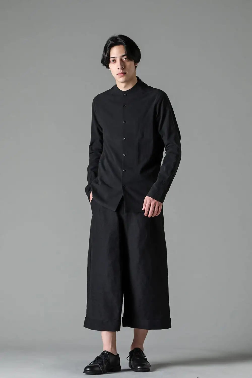 ノーカラーシャツ コットンリネン