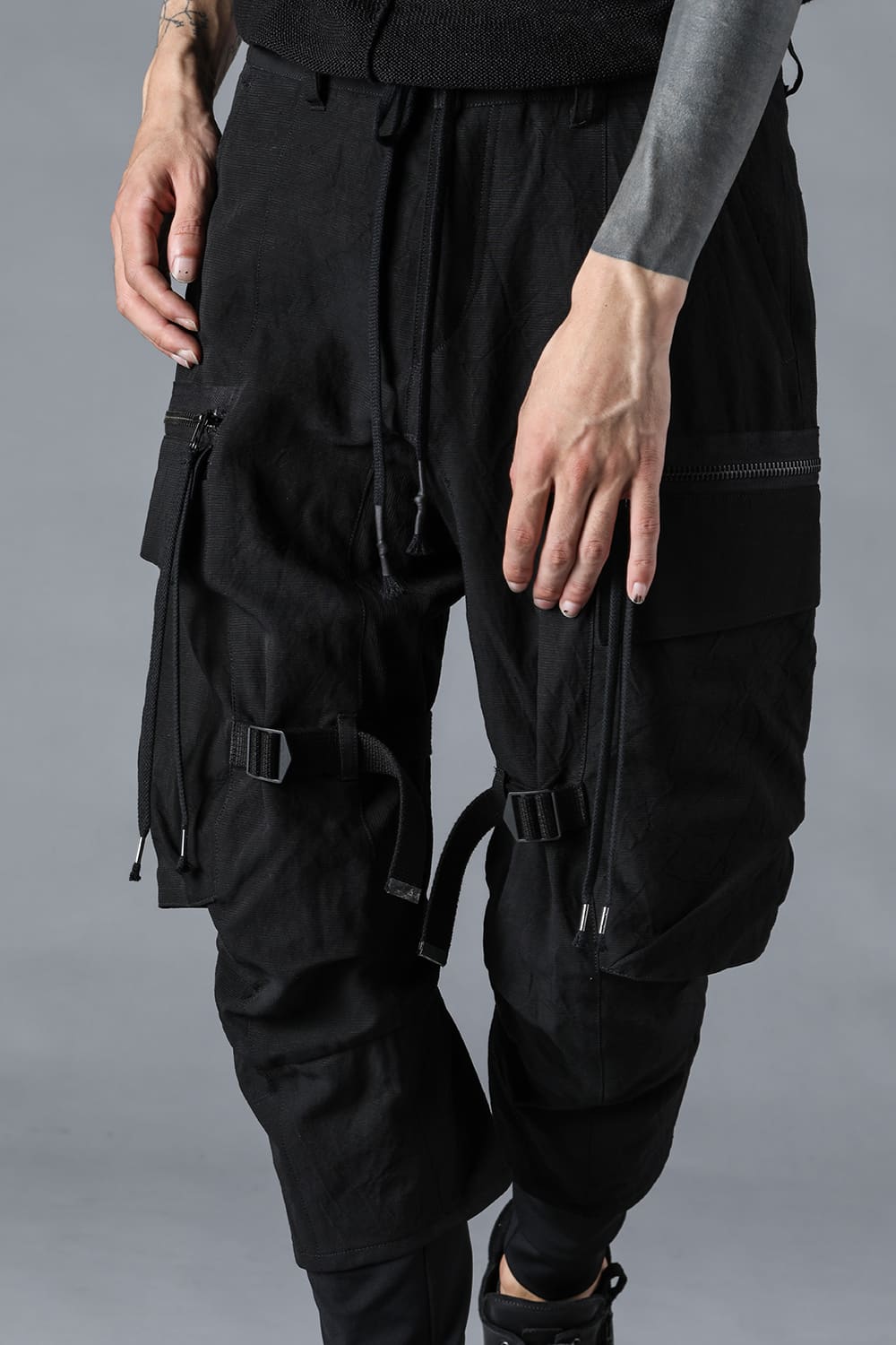 塩縮ワッシャードビーボーダーレイヤードカーゴパンツ