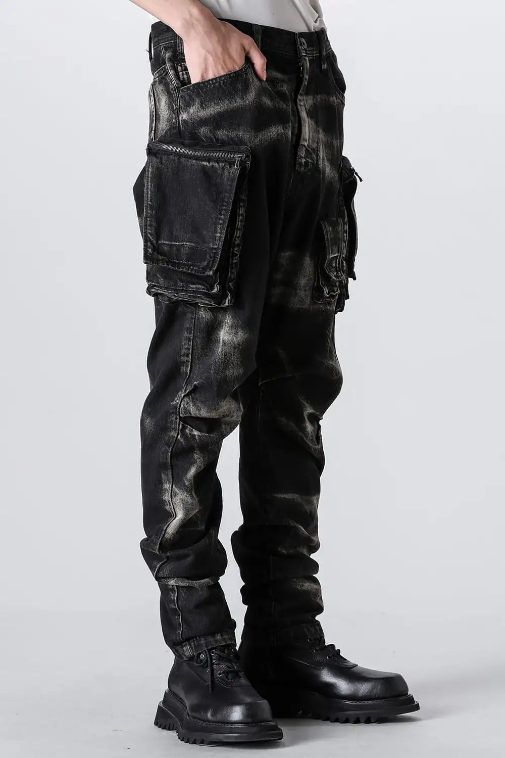 10oz Bleached Denim Wash Cargo Pants Black