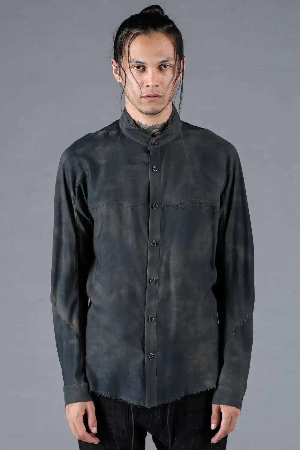 Rayon Twill Cut-Off Band Collar Shirt Black