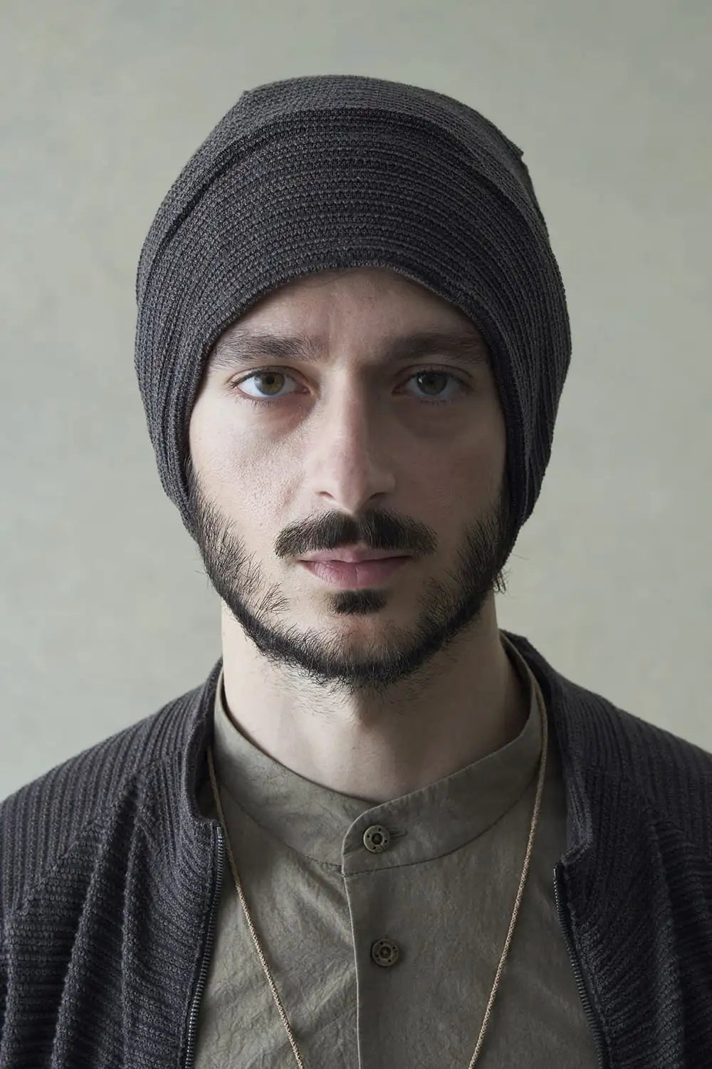 Knit cap high twist cotton stripe Mud Gray