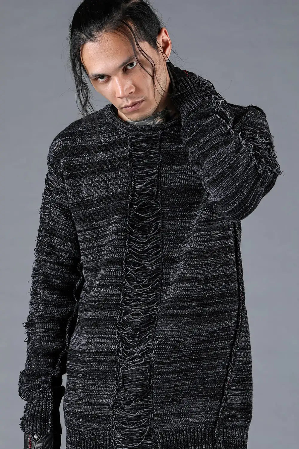 Distressed Merino Wool Knit Pullover Charcoal