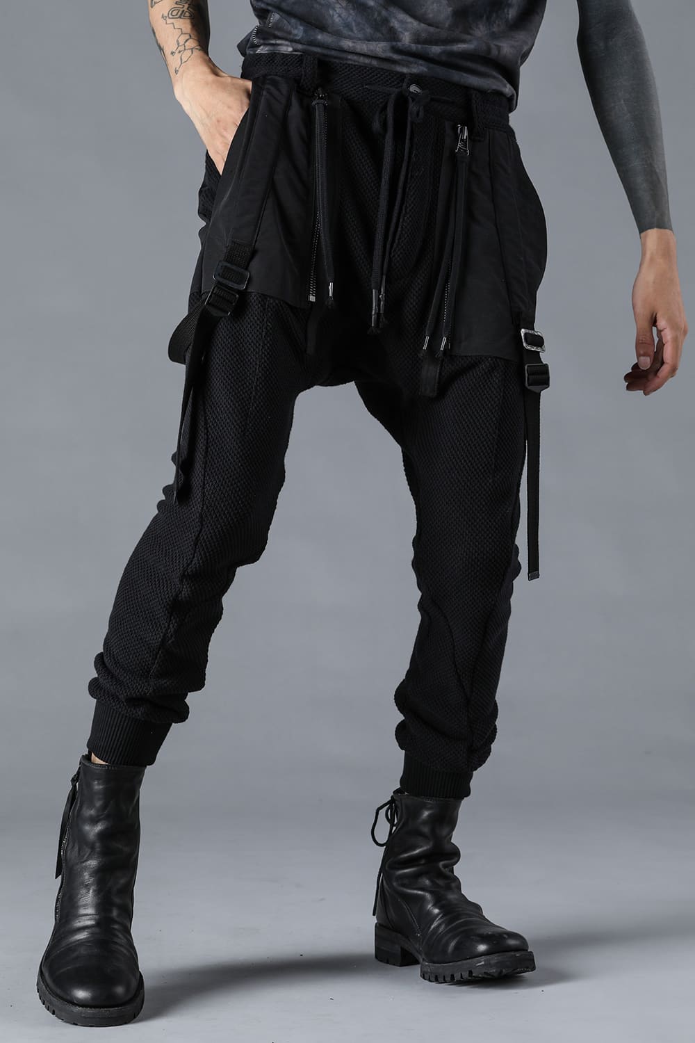 Honeycomb Cotton Jersey Suspender Drop-Crotch Jogger Pants