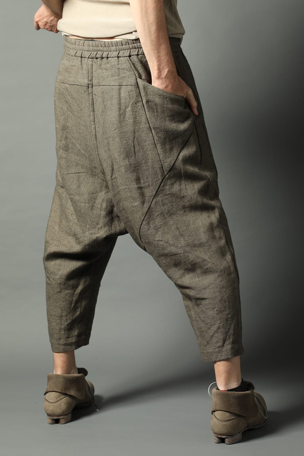 Dropcroch cropped pants silk linen crazy check  Beige Gray