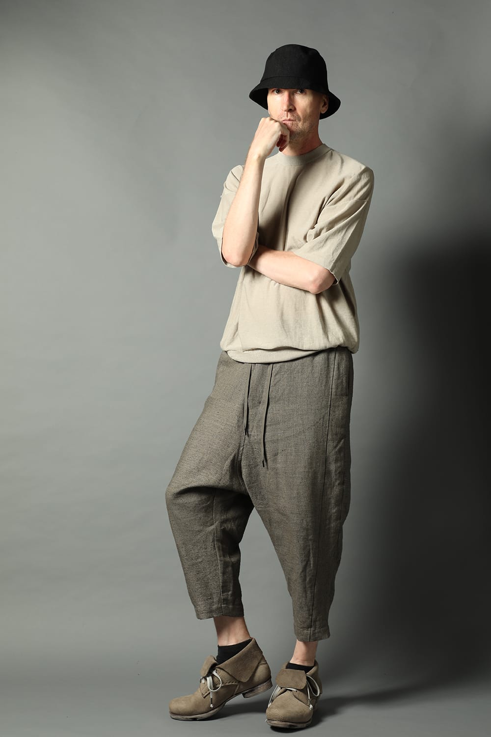 Dropcroch cropped pants silk linen crazy check  Beige Gray
