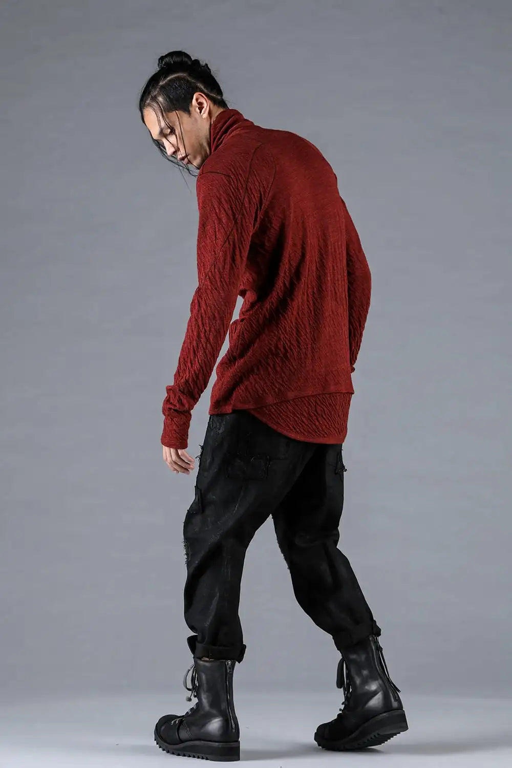 Wool x Cotton Double-Faced High-Neck Long Sleeve T-Shirt Red