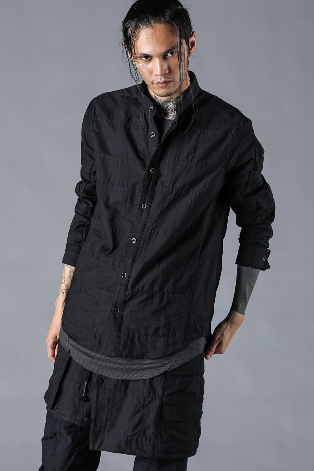 Patchwork Band Collar Shirt