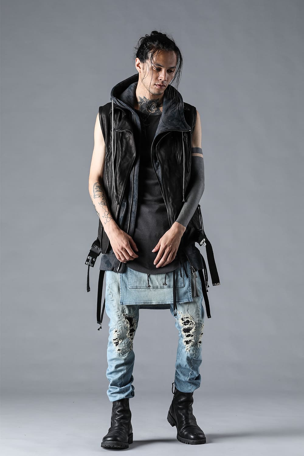 Bum Flap Distressed Denim Drop Crotch Slim Pants