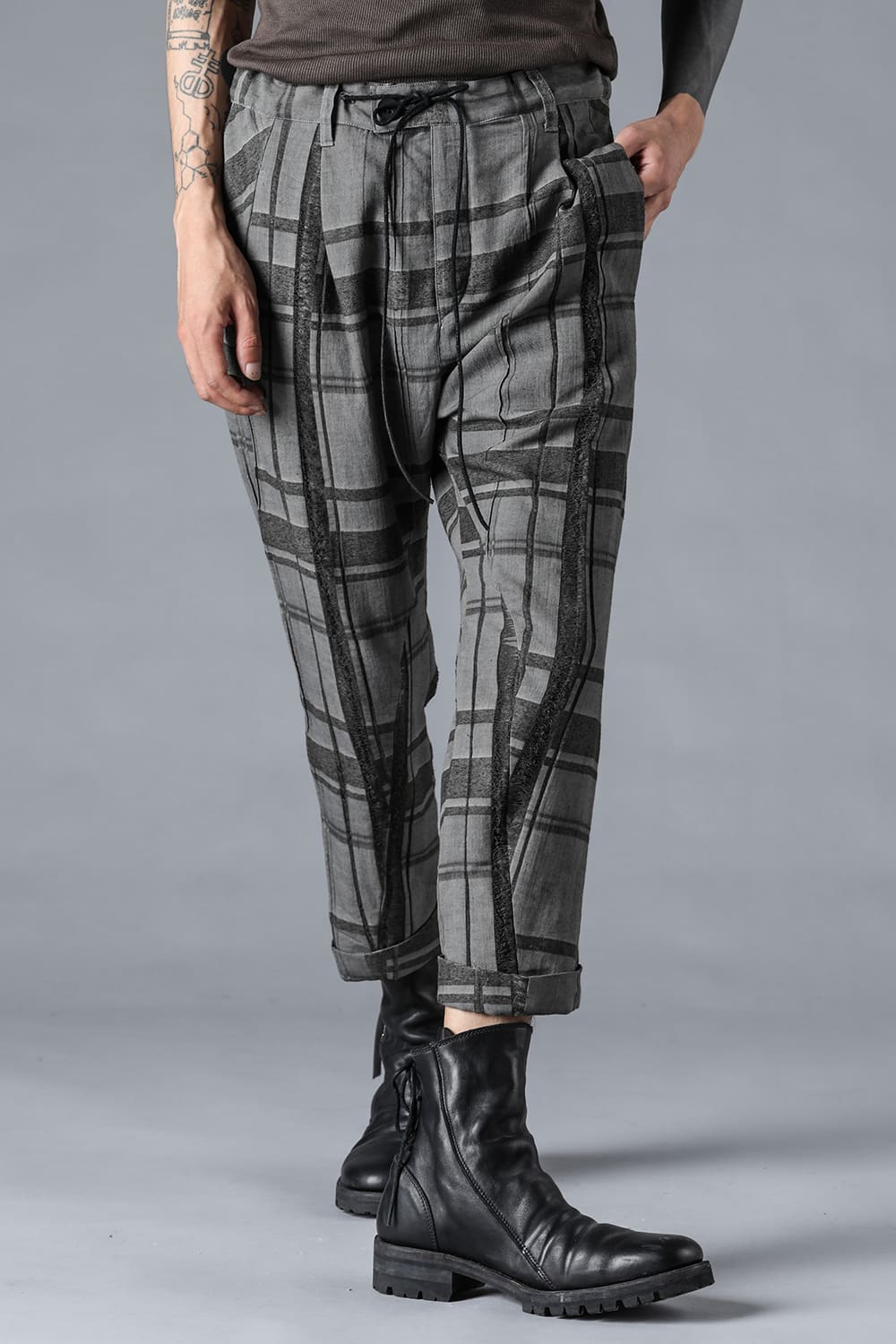 Check Jacquard Drop Crotch Cropped Pants