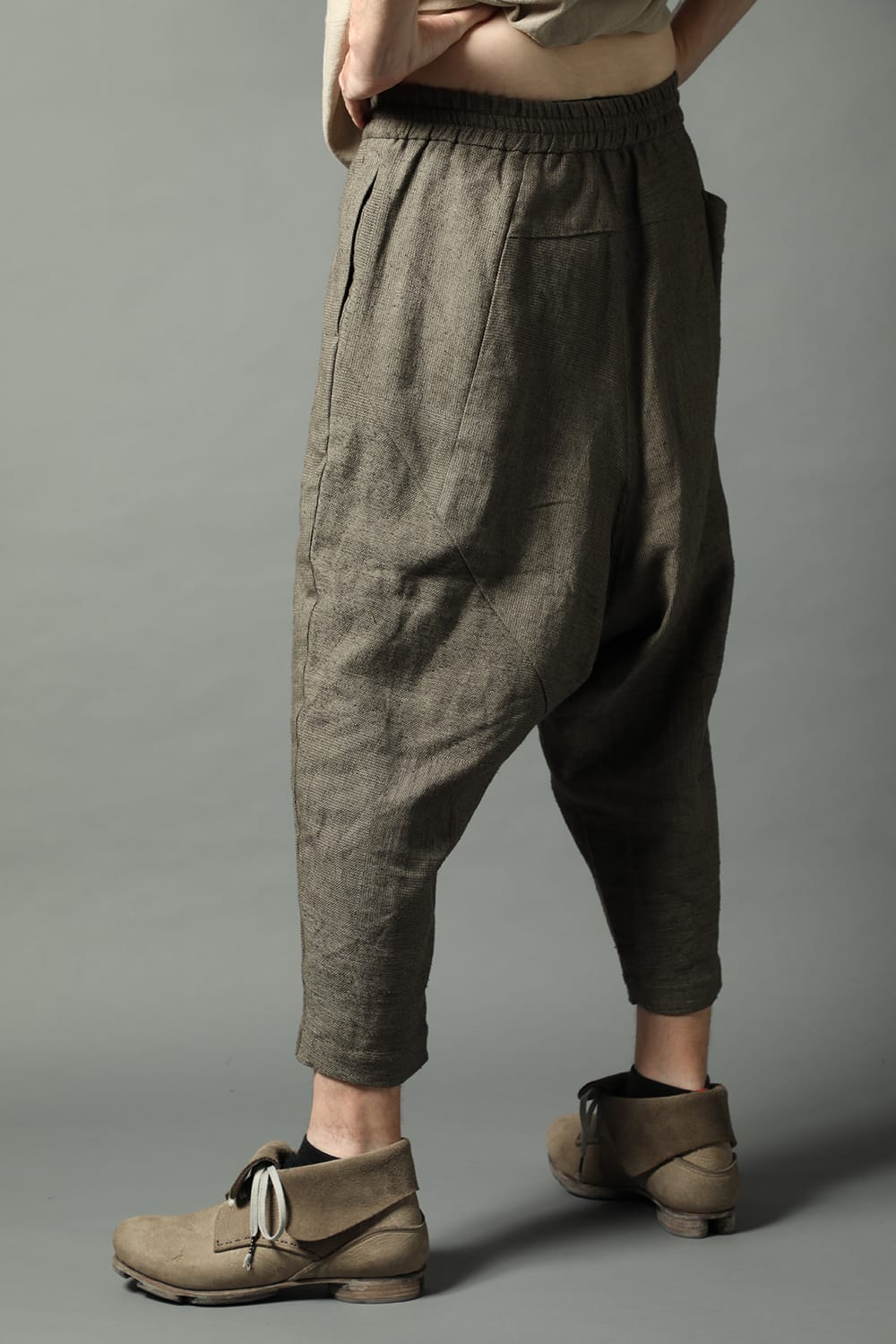 Dropcroch cropped pants silk linen crazy check  Beige Gray