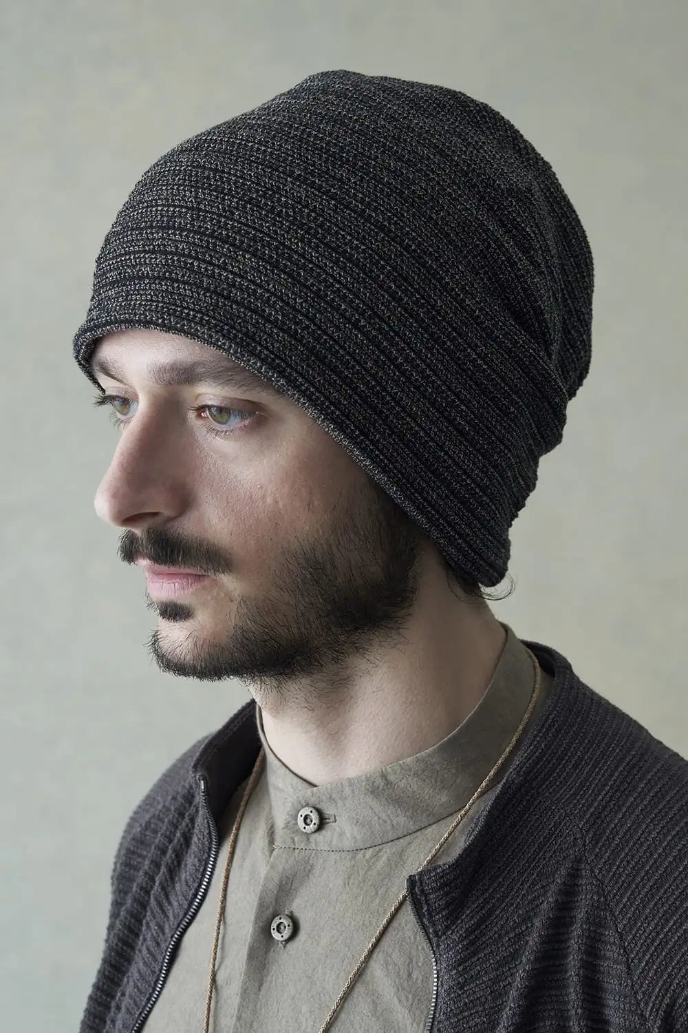 Knit cap high twist cotton stripe Black