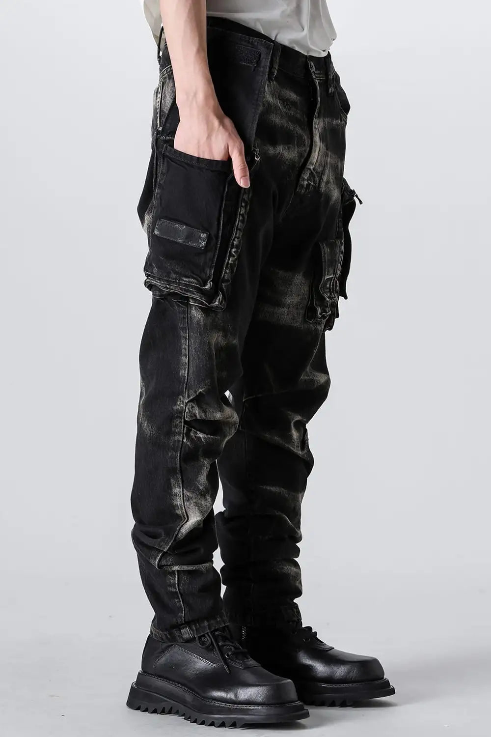 10oz Bleached Denim Wash Cargo Pants Black