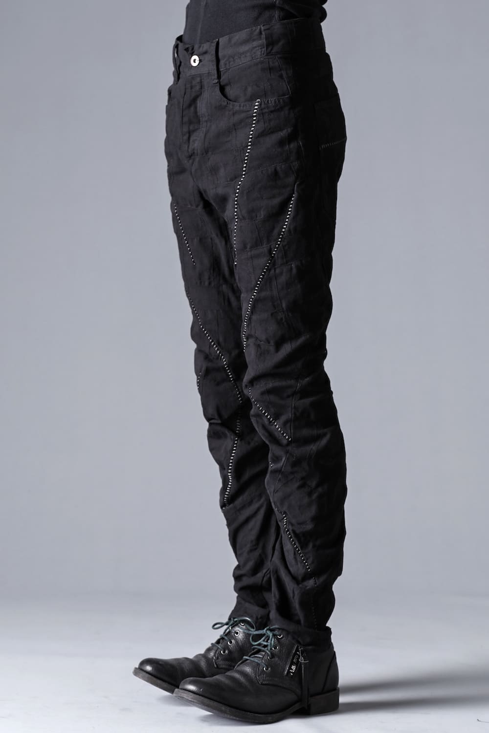 SCAB Patchwork Jagged Stretch Cotton Overlock Twisted Curved Slim Pants Black Charcoal Stitch