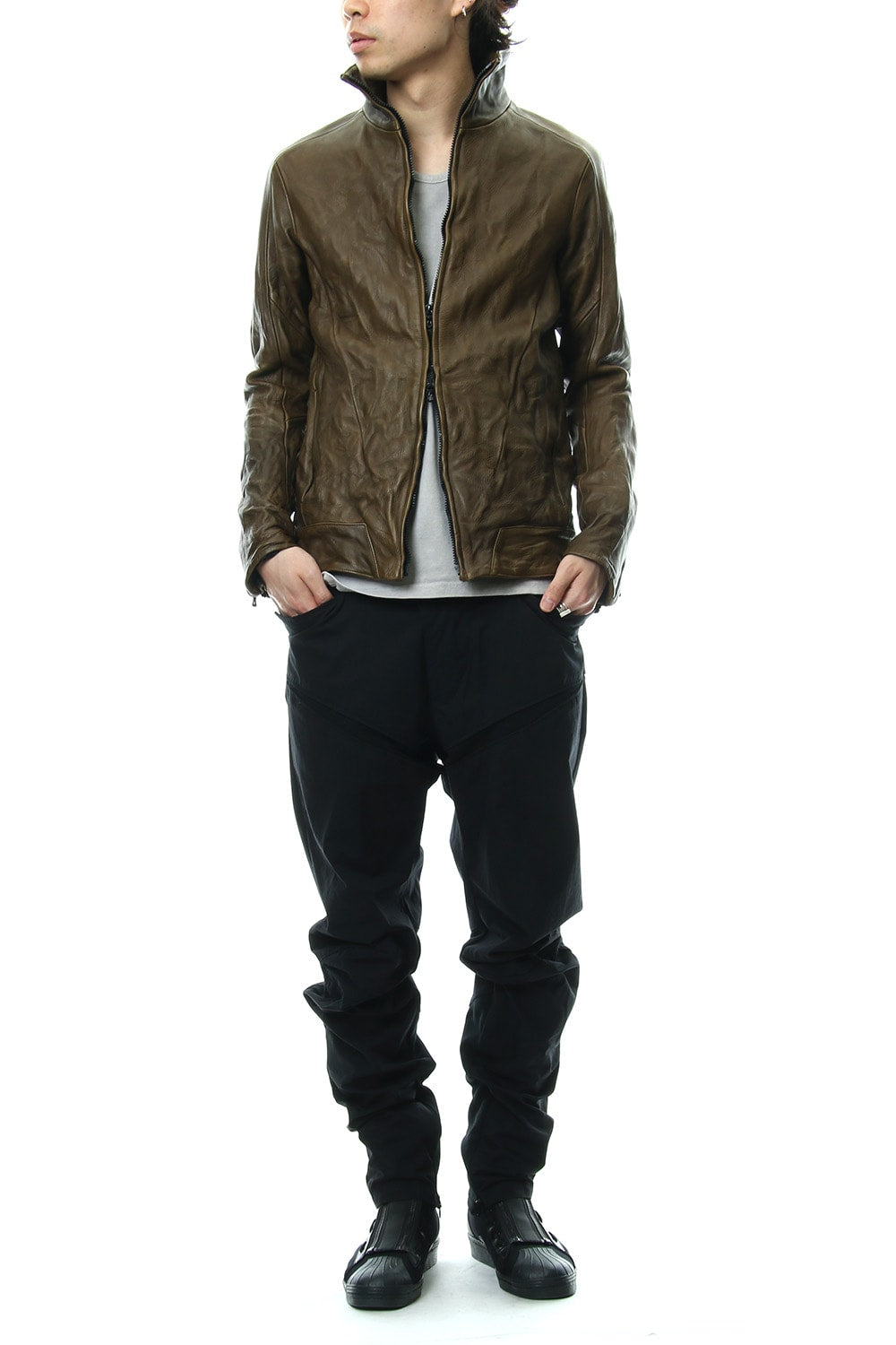 LEATHER TRACK JACKET - Khaki - CJ-1636