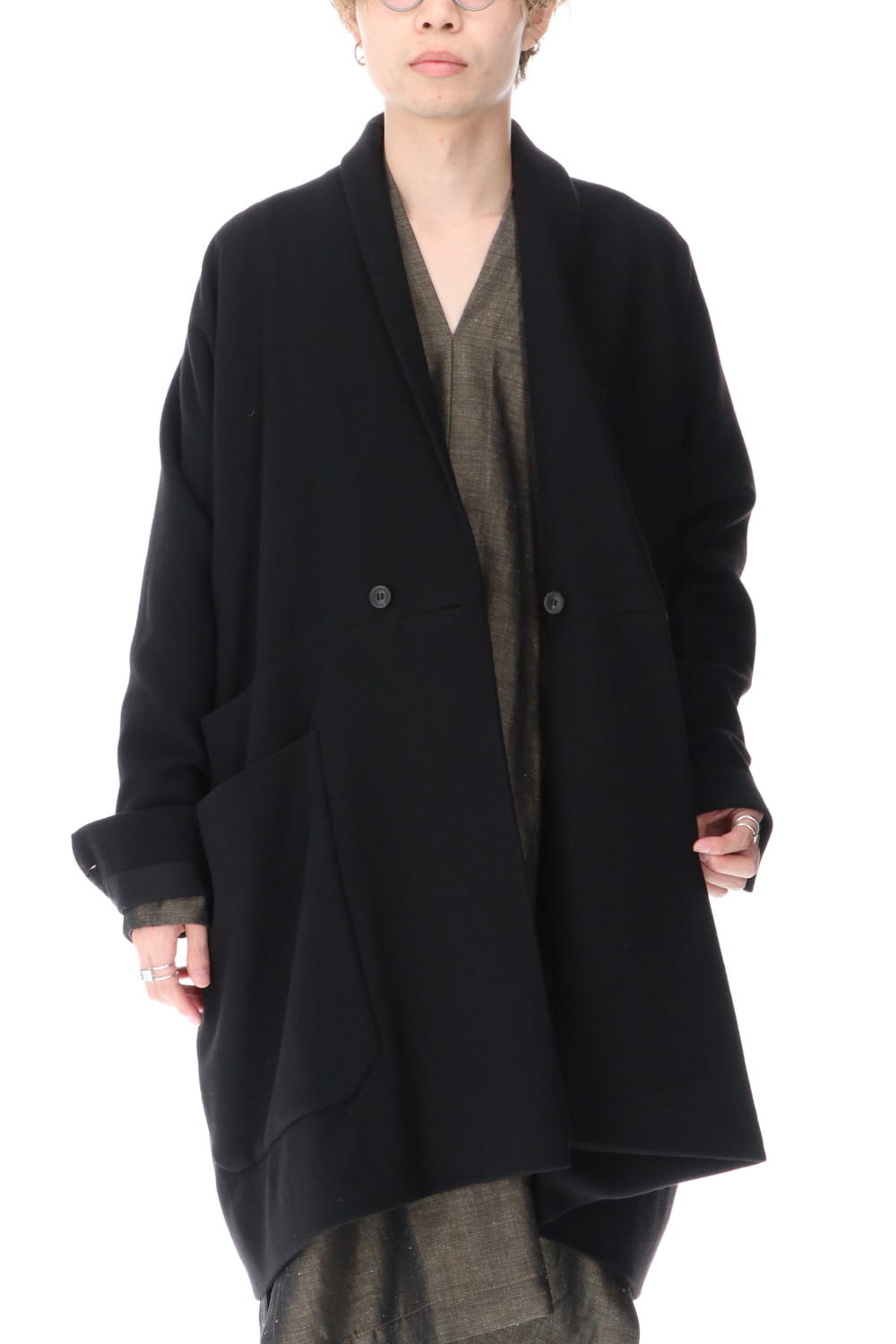 AINU Collar Coat Black Yak Wool