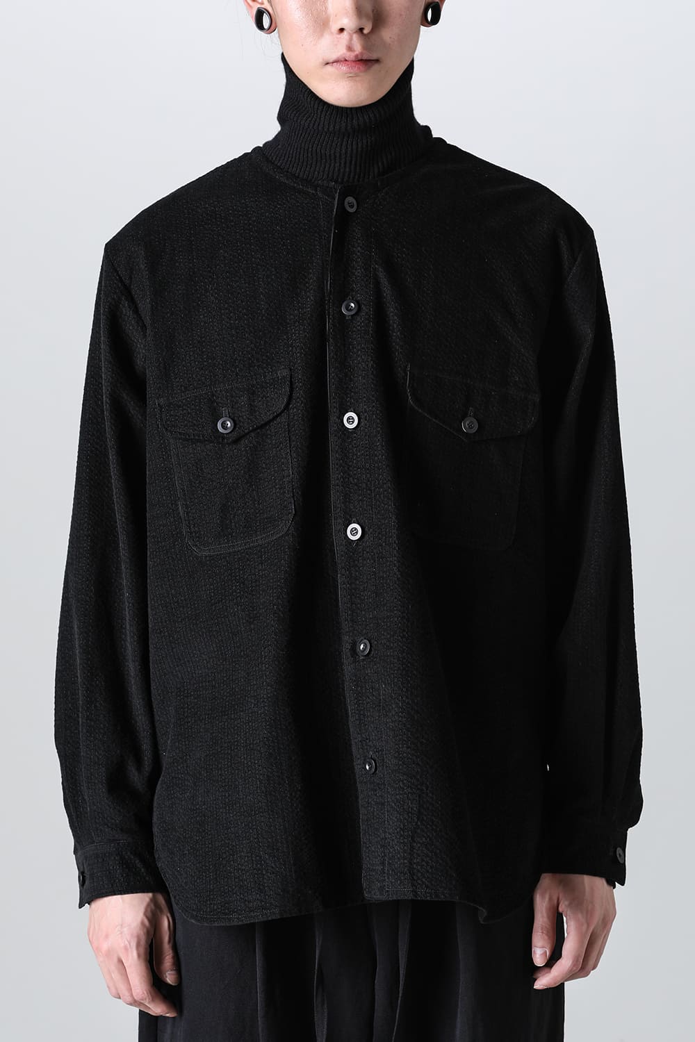 collarless pocket shirt corduroy - A