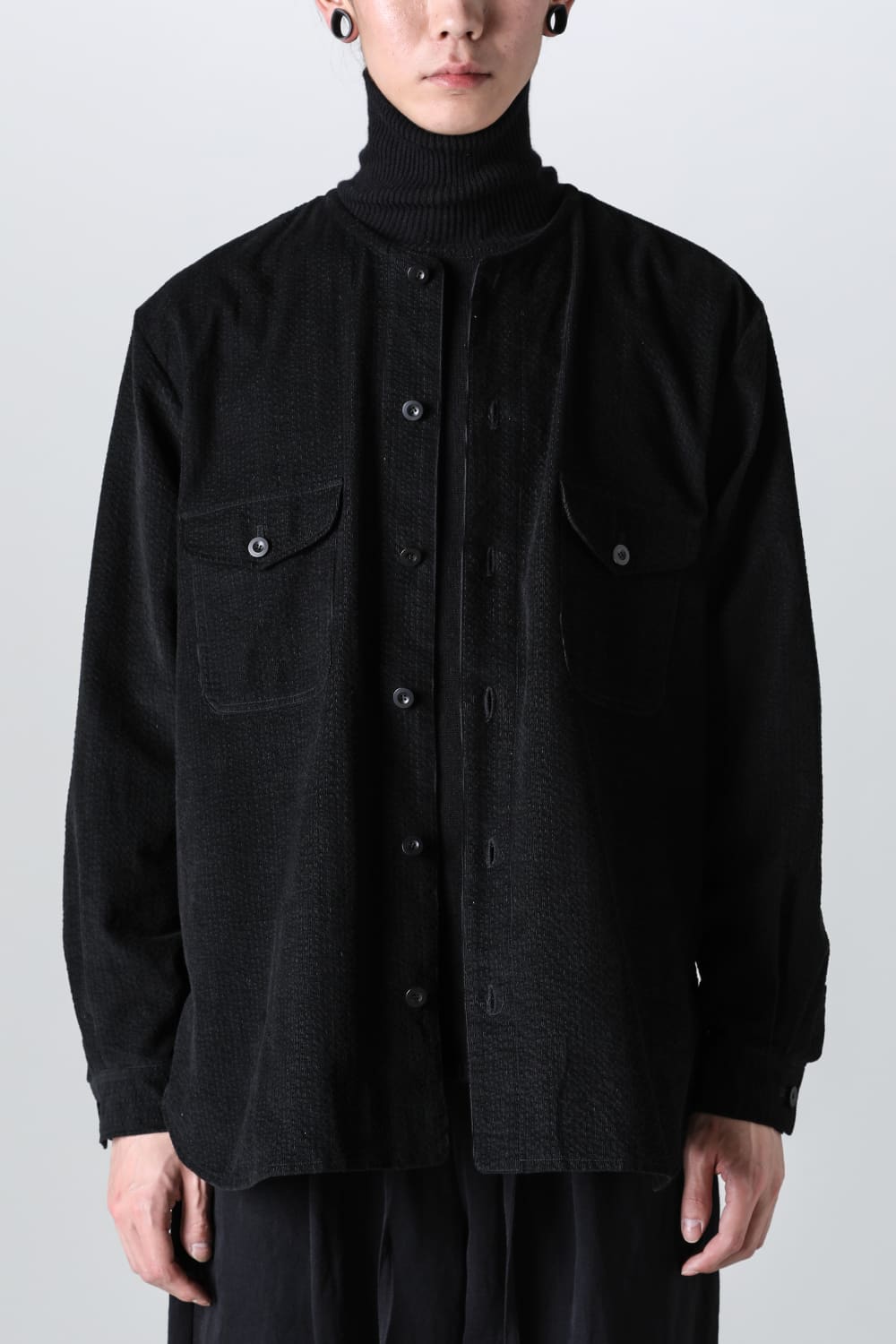 collarless pocket shirt corduroy - A