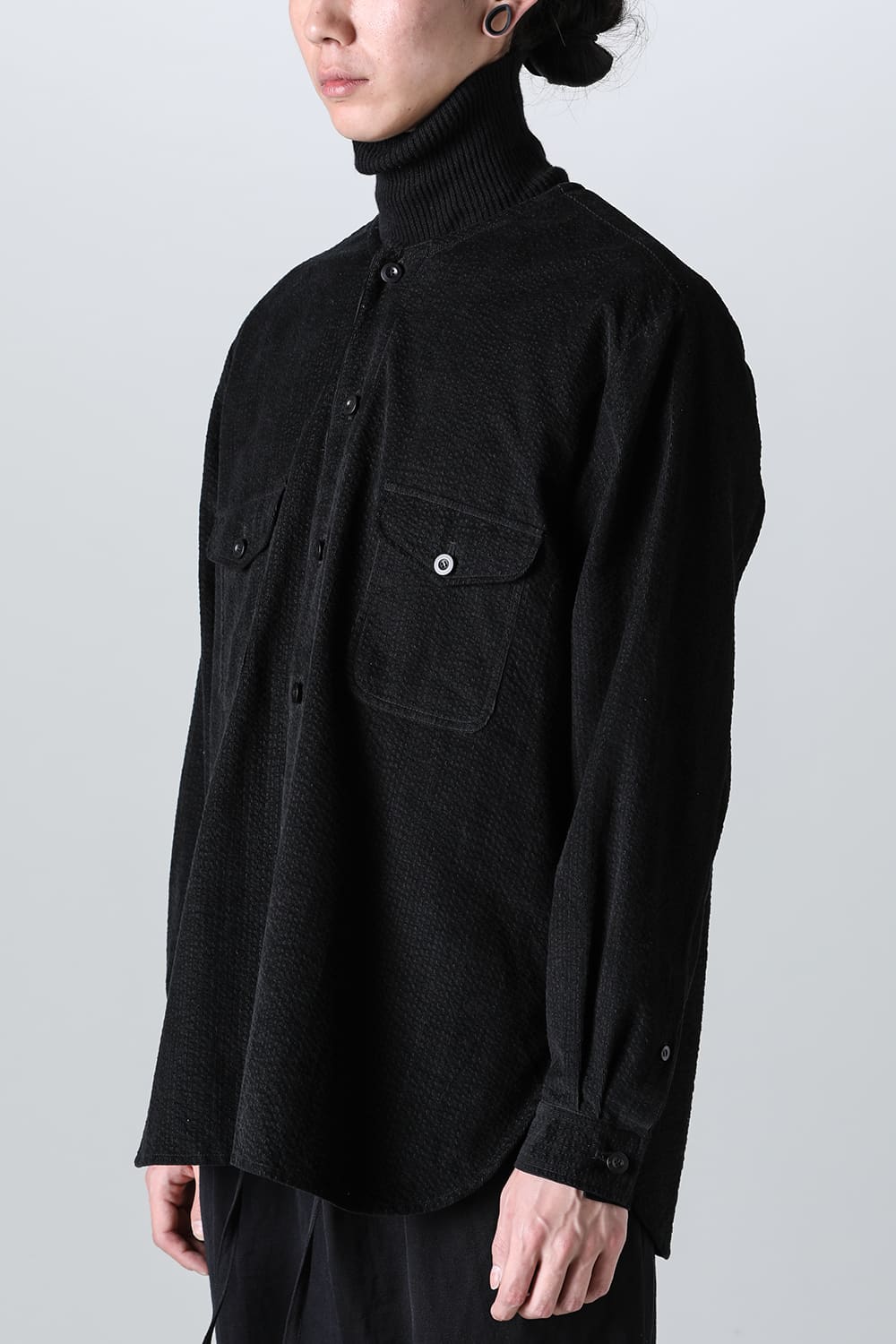 collarless pocket shirt corduroy - A