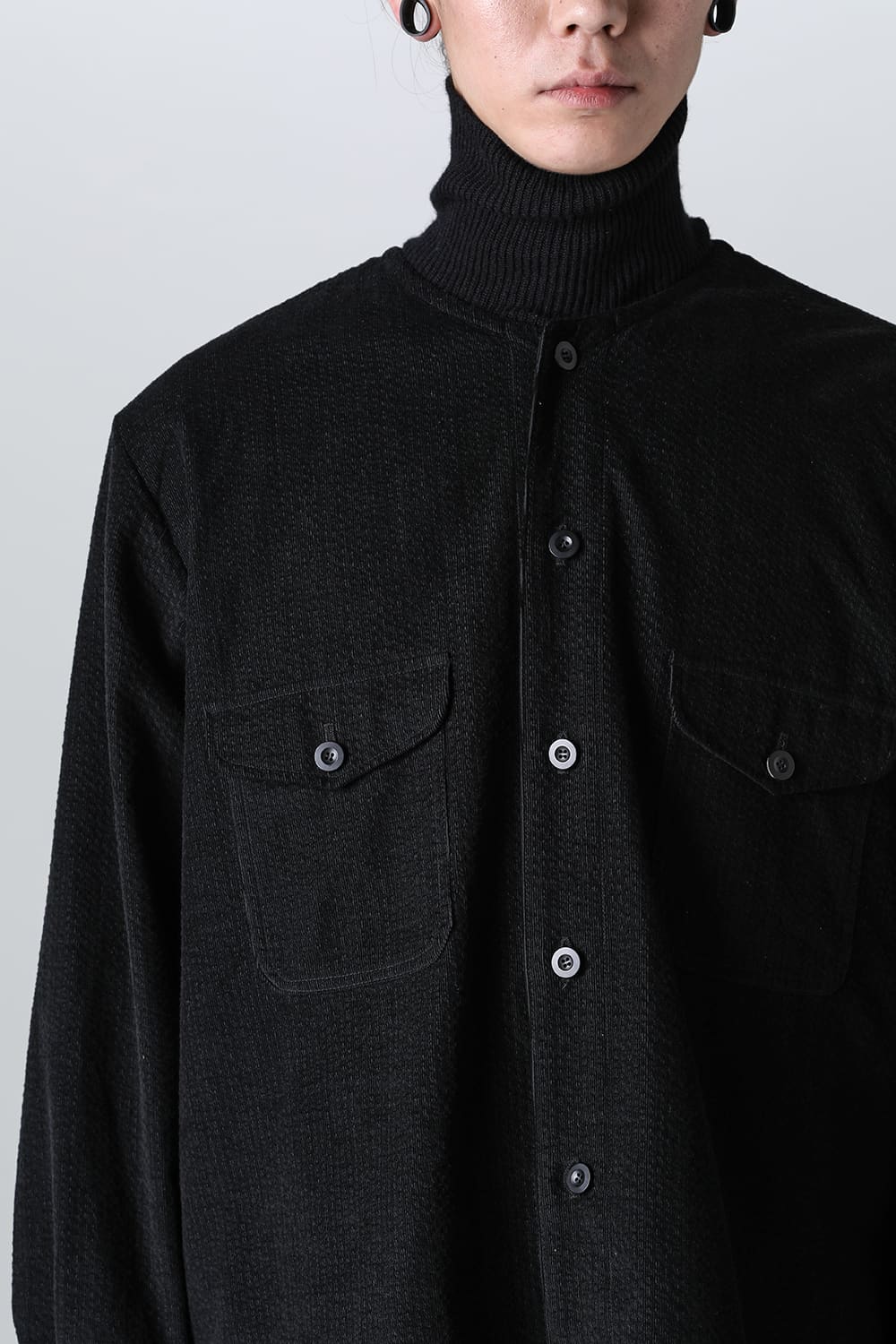 collarless pocket shirt corduroy - A