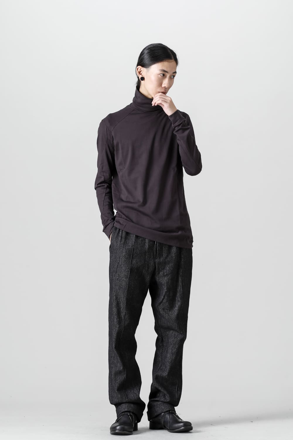 FASCINATE Limited Superior Pima Cotton Jersey High Neck Long Sleeve T-shirt Dark Chocolate