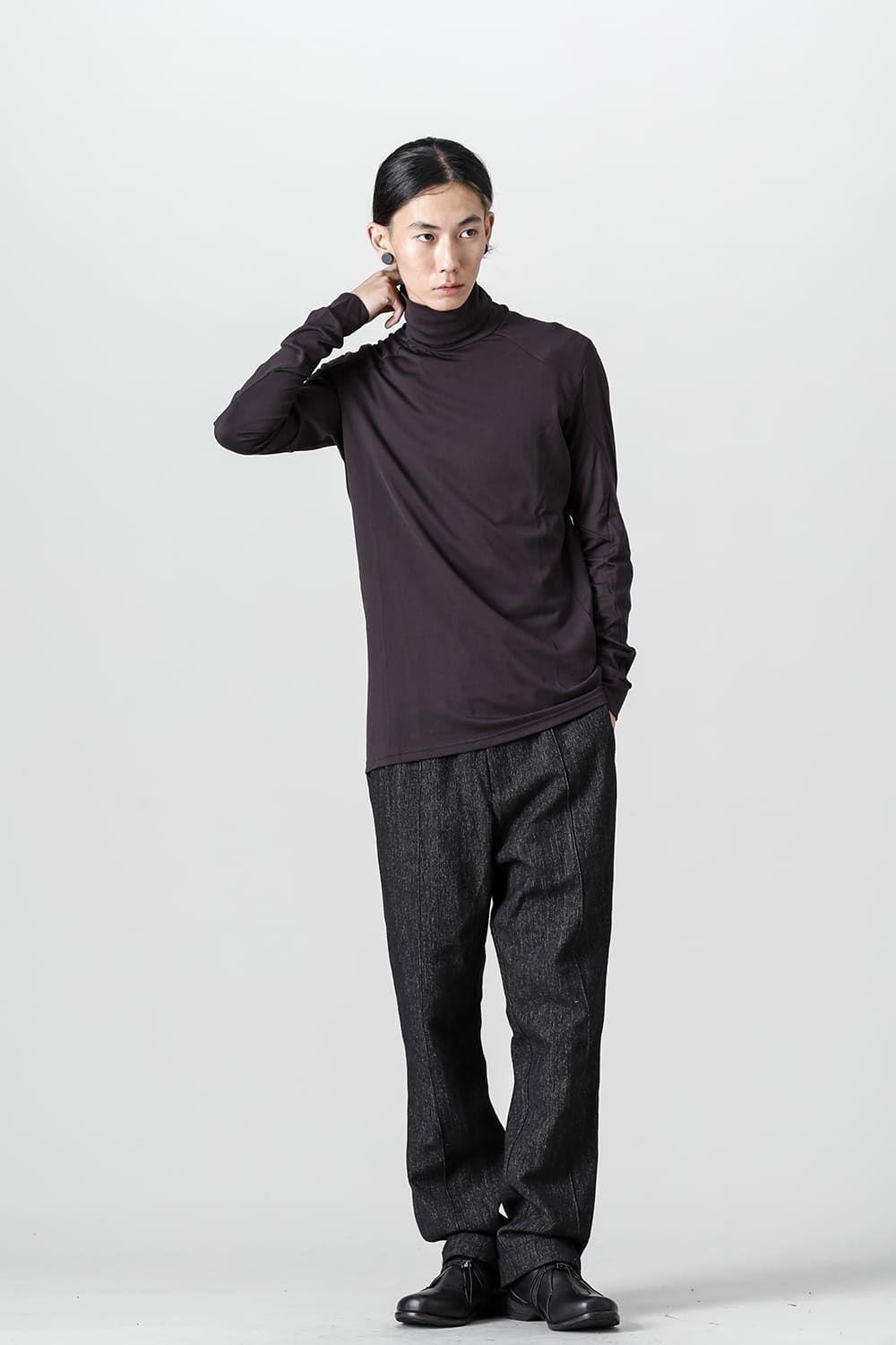 FASCINATE Limited Superior Pima Cotton Jersey High Neck Long Sleeve T-shirt Dark Chocolate