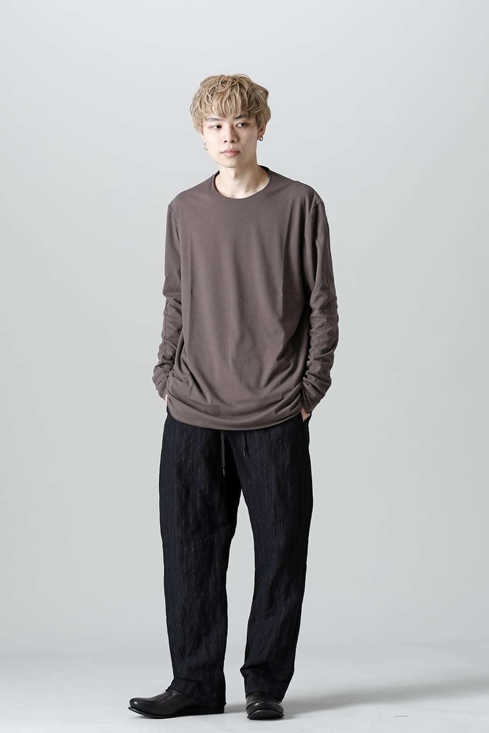 Long sleeve loose fit tight twist yarn jersey  Dark Beige