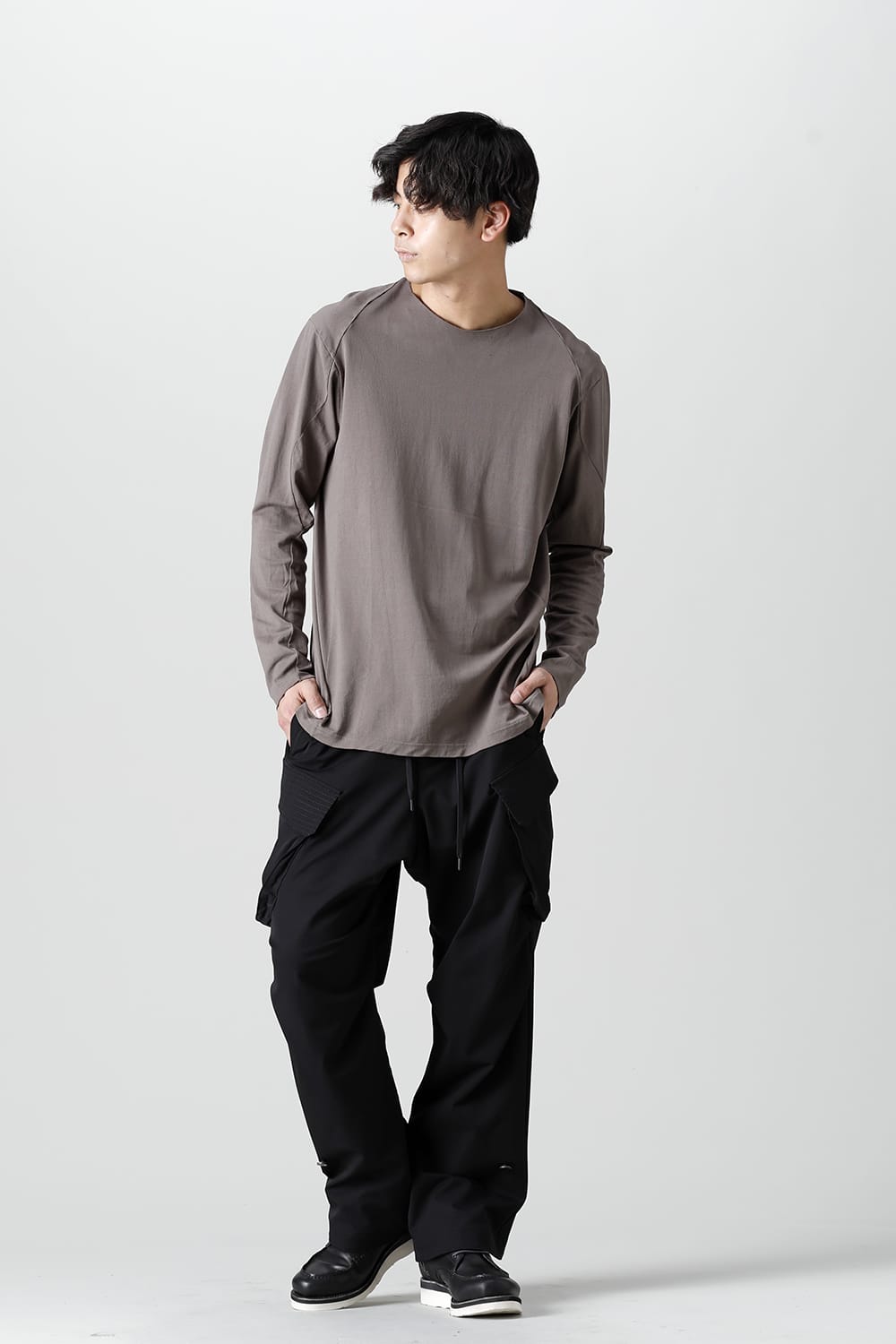 ロングスリーブ 和紙ジャージー チャコールダイ  ライトグレー