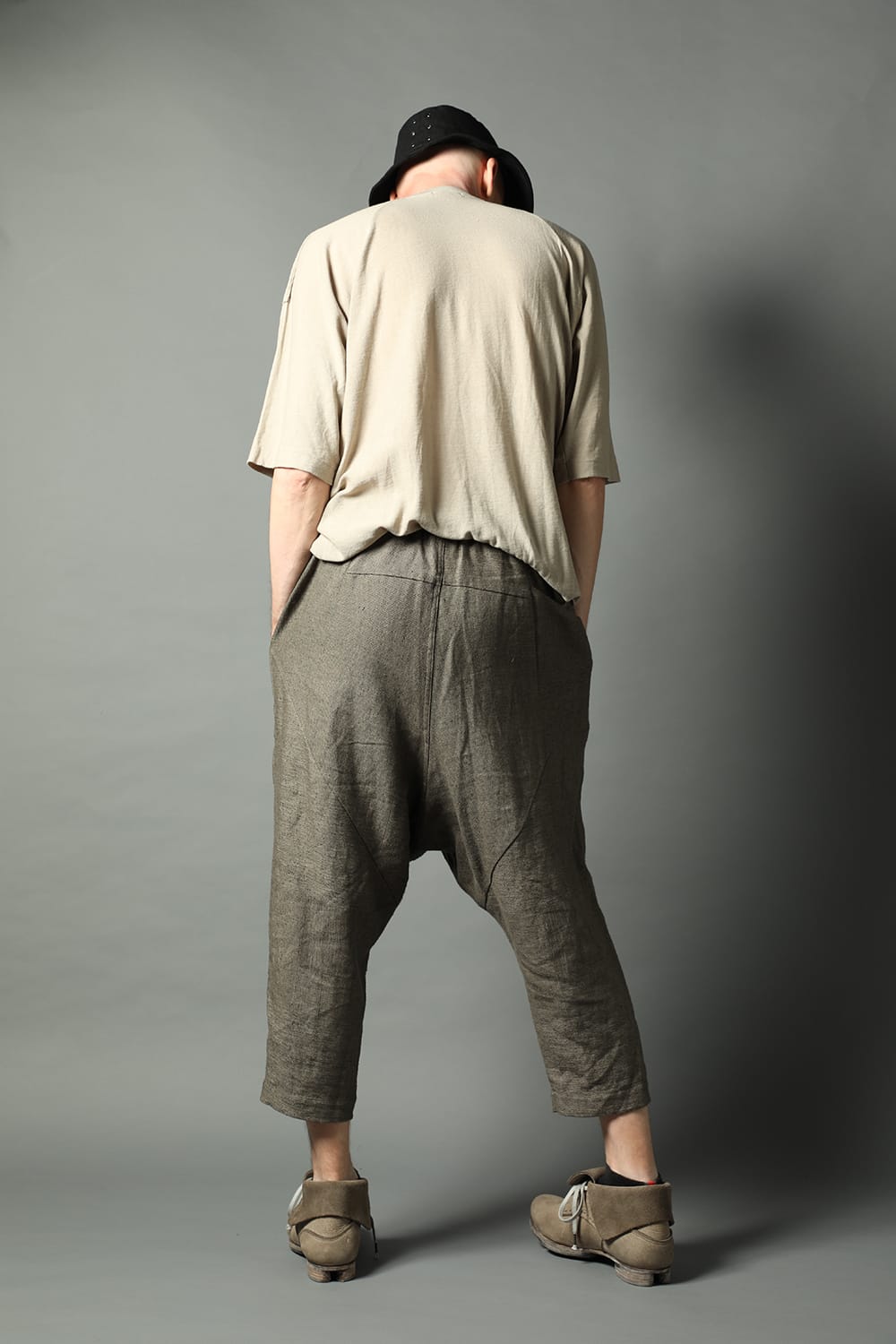 Dropcroch cropped pants silk linen crazy check  Beige Gray