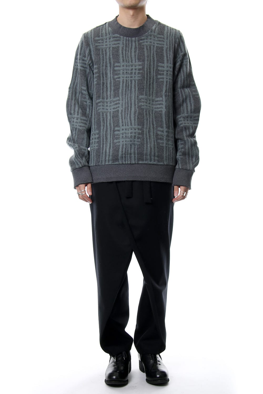 Pullover CT63 Grid Pattern Jaquard Wool Beaver Finished Gray Green