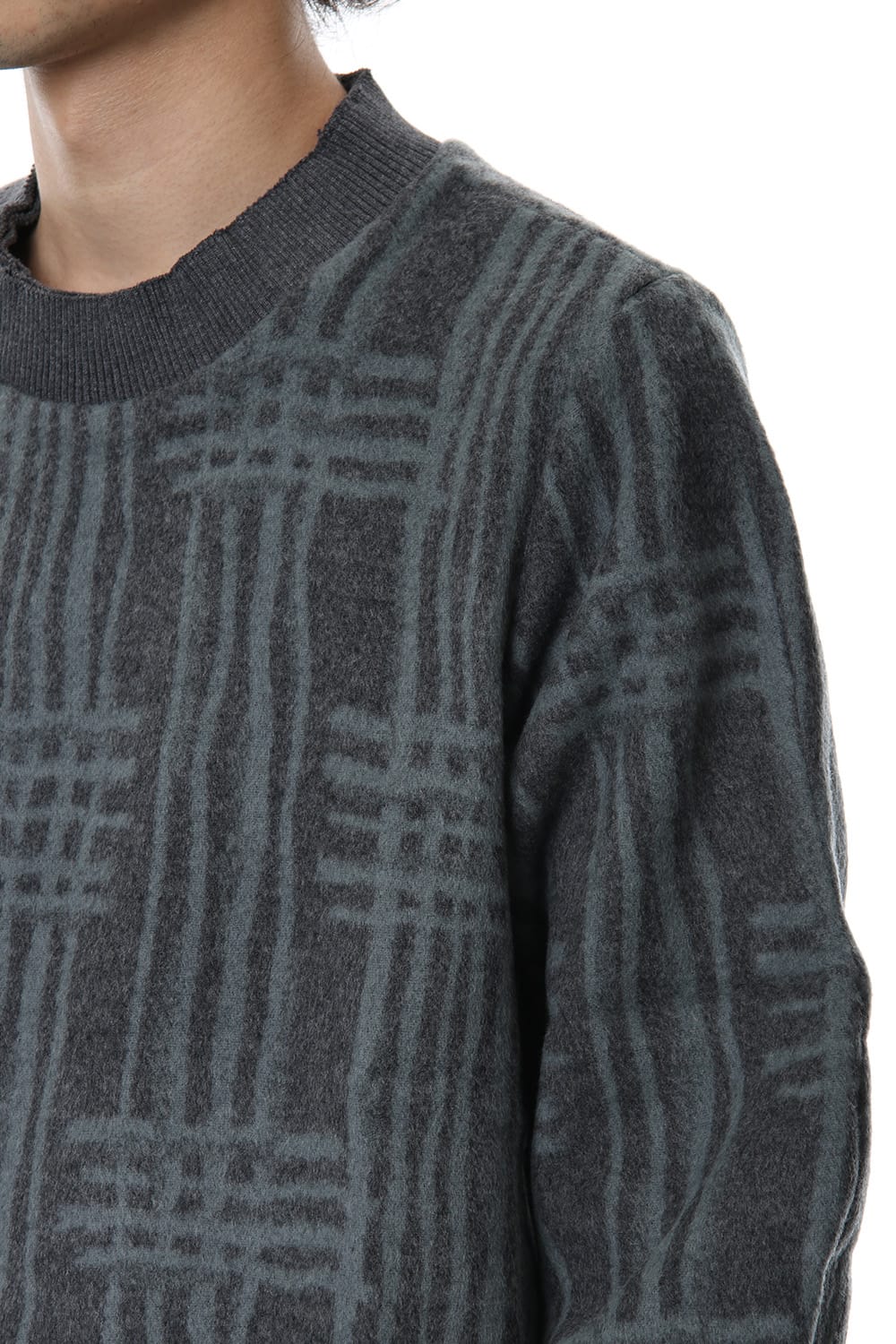 Pullover CT63 Grid Pattern Jaquard Wool Beaver Finished Gray Green