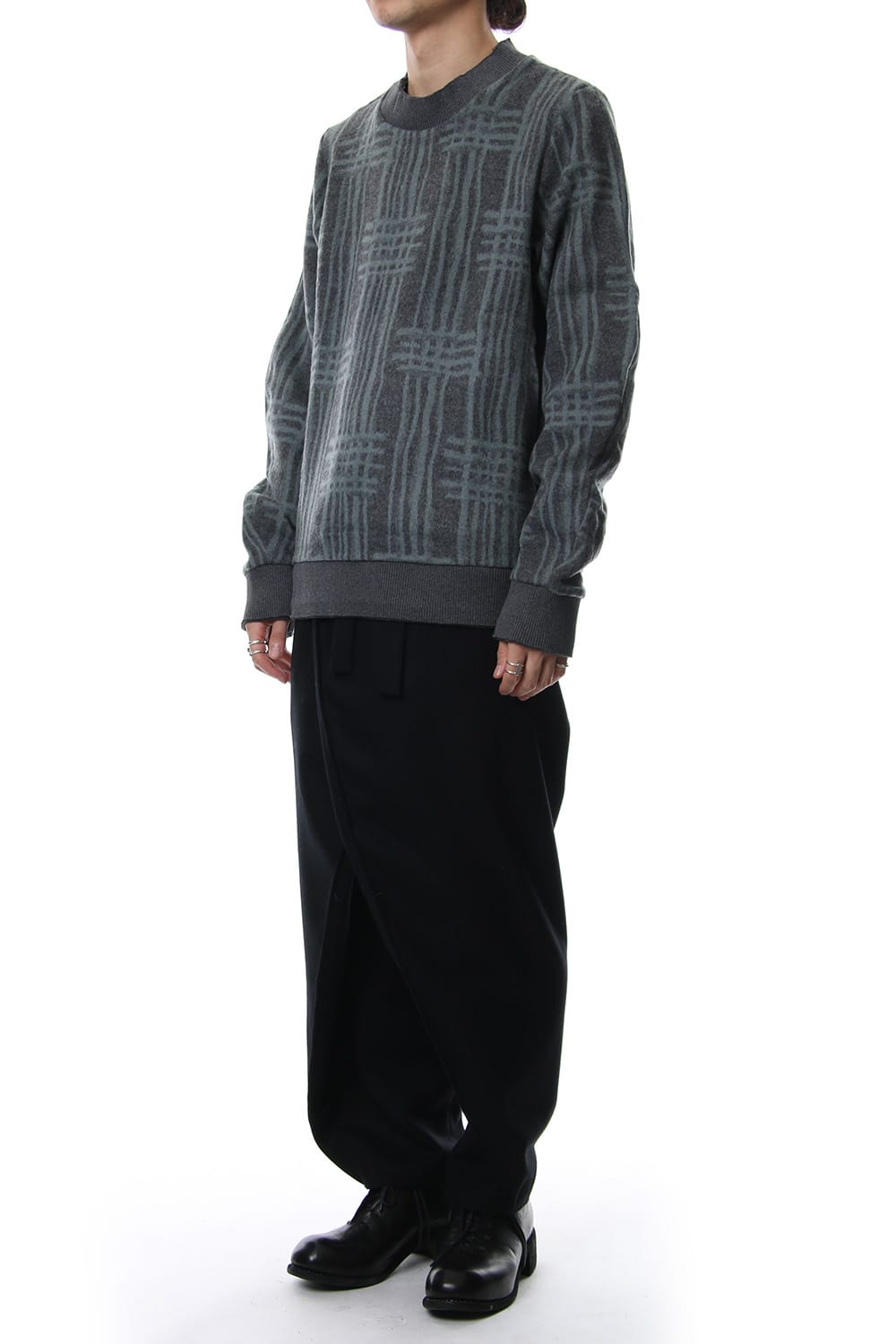 Pullover CT63 Grid Pattern Jaquard Wool Beaver Finished Gray Green