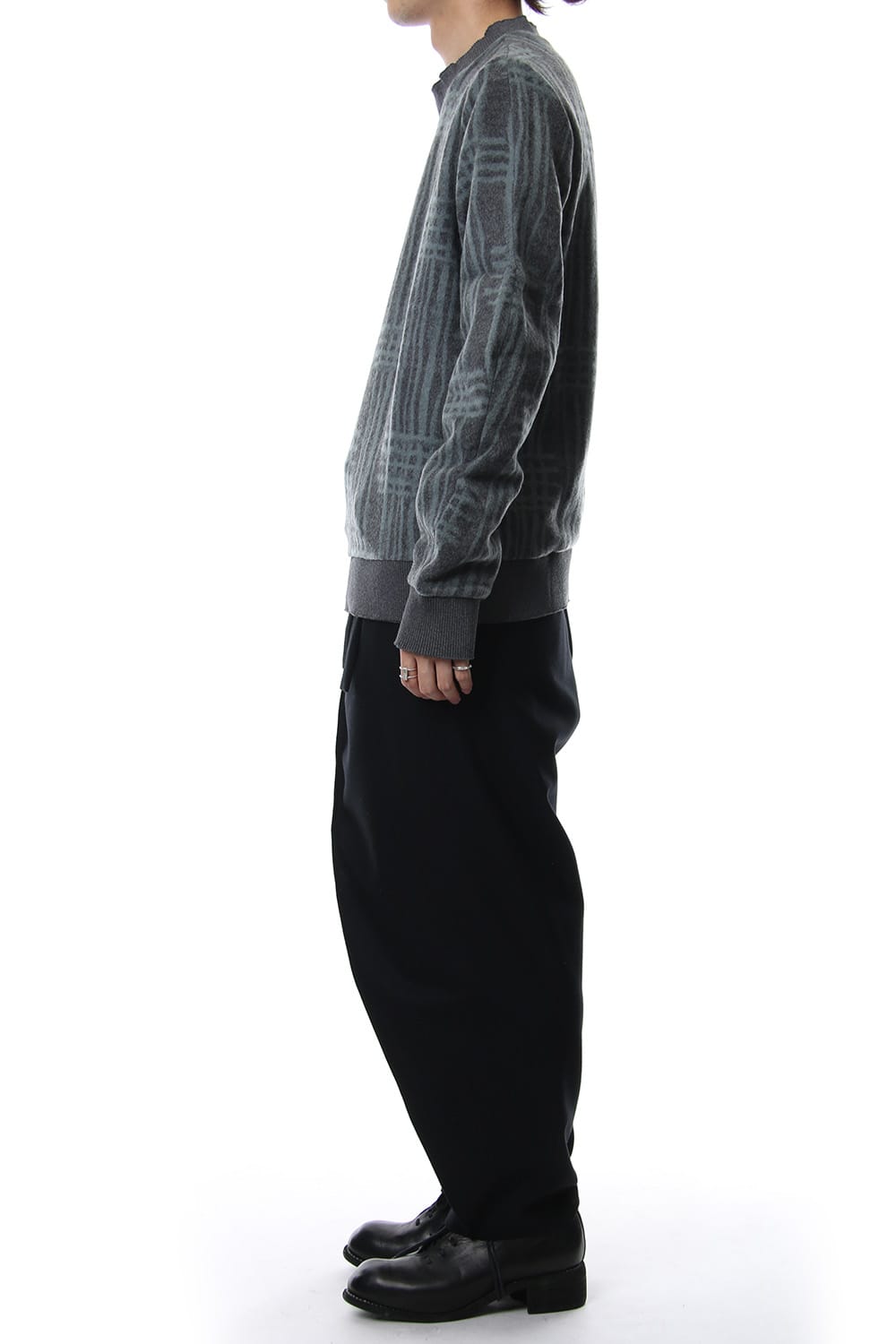 Pullover CT63 Grid Pattern Jaquard Wool Beaver Finished Gray Green