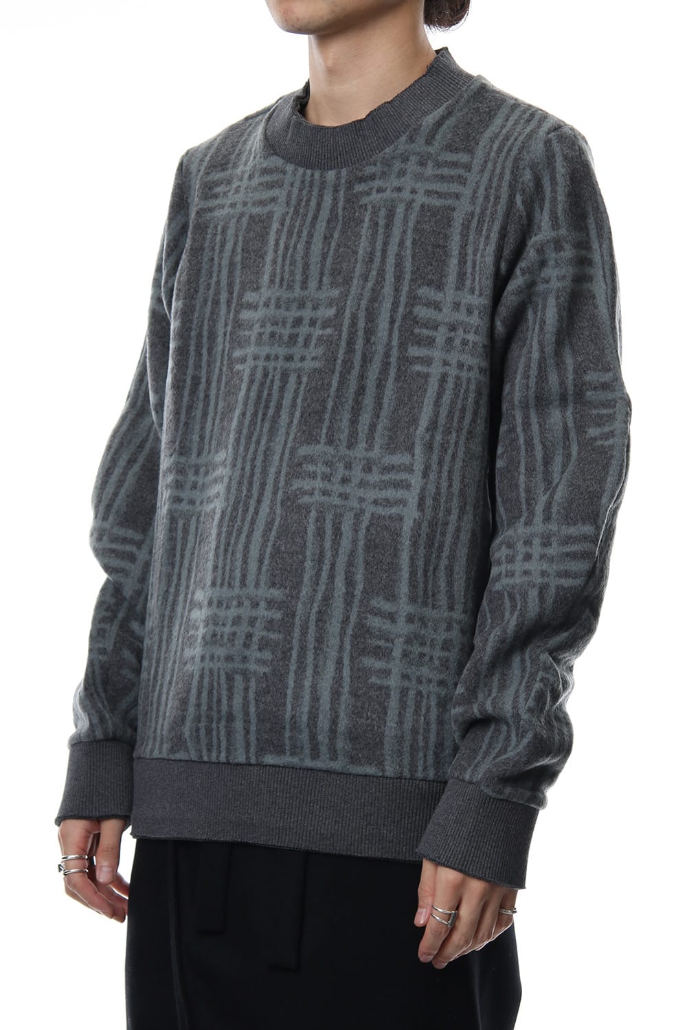 Pullover CT63 Grid Pattern Jaquard Wool Beaver Finished Gray Green