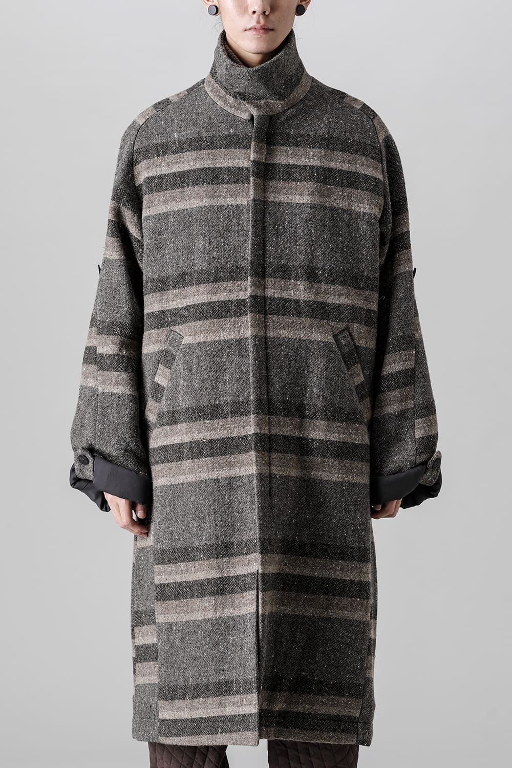 ハイネック コート ストライプ ウール