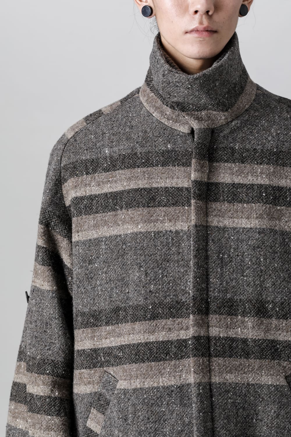 ハイネック コート ストライプ ウール