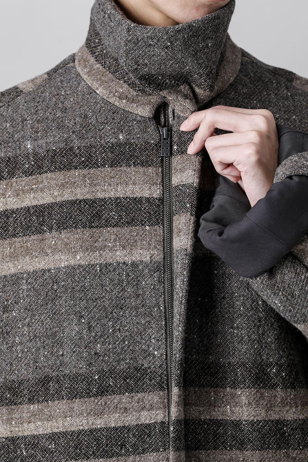 ハイネック コート ストライプ ウール