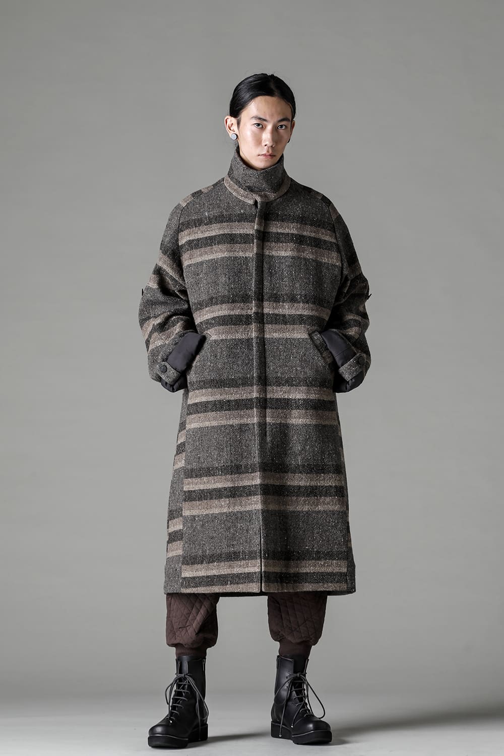 ハイネック コート ストライプ ウール