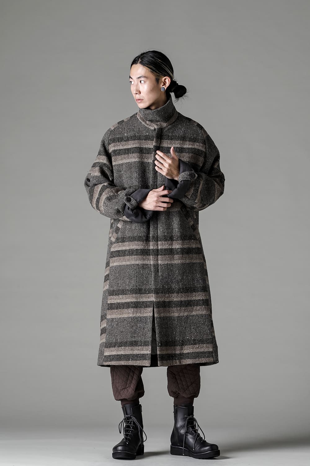 ハイネック コート ストライプ ウール