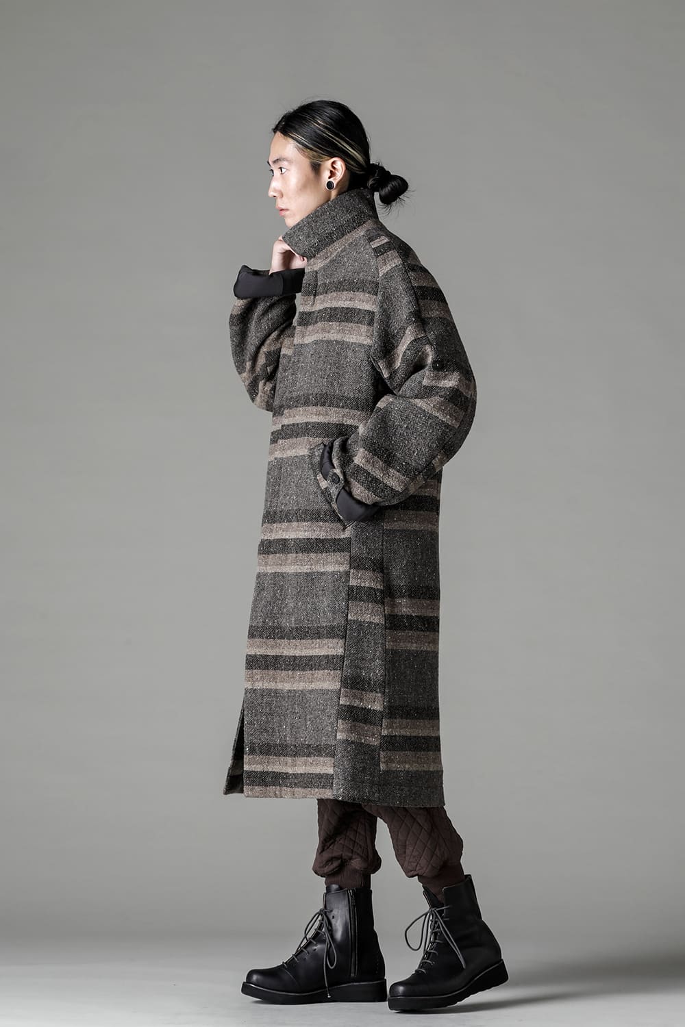 ハイネック コート ストライプ ウール